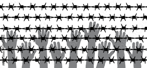 repression or oppression hand barbed wire. protest symbol. World refugee day, Cartoon hands holding barb wire. Clenched fist with barbed wire, resistance and revolution. Day of abolitionism. Freedom.