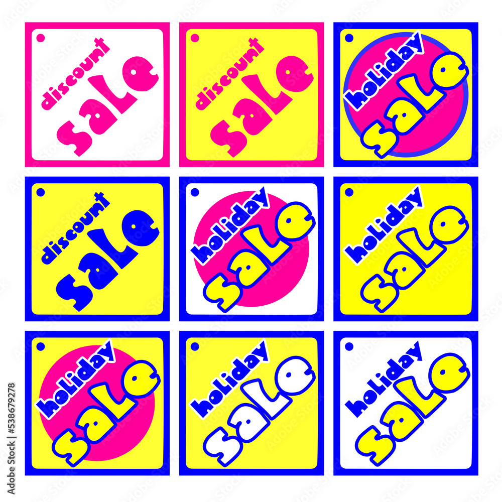 a set of bright multi-colored stickers for the seasonal sale, where the same stickers are made in different colors