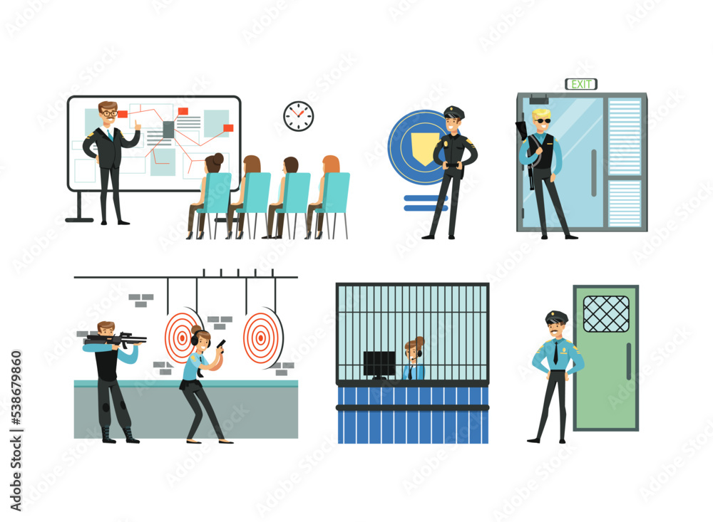 Man and Woman Police Officer Working in Department Sitting on Reception and Shooting with Pistol Vector Set Man and Woman Police Officer Working in Department Sitting on Reception and Shooting with Pistol Vector Set