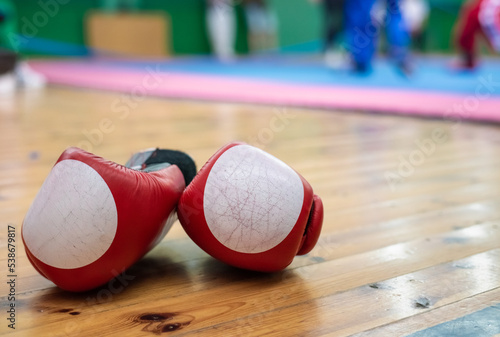 Martial arts gloves on the wooden floor of the gym.