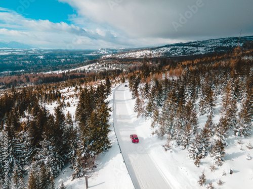 aerial view of snowed road in tatra mountains