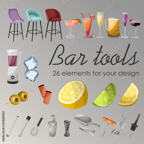 Set of elements for World Bartender day,bars,shops,restaurants,pubs. Vector illustration of different bar tools,various cocktails on glasses,olives,lemons,ice isolated on gray background.