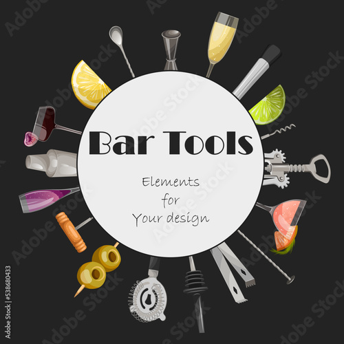 Set of elements. Vector illustration of different bar tools equipment,glasses drinks,olives,lemon,lime behind the white circle isolated on black. World bartender day.bars,pubs,cards,clubs concept.