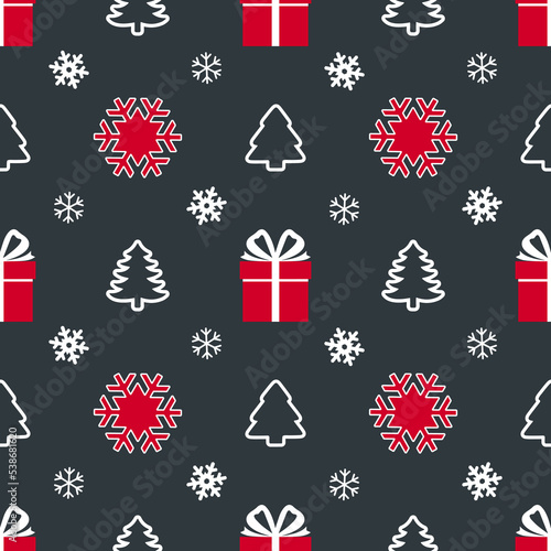 Holiday seamless pattern with snowflakes, presents and Christmas trees. Endless repeating pattern as wallpaper, fabric print, surface texture, package or gift paper for Christmas and New Year.