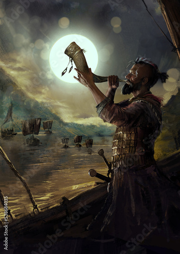 Tablou pe pânză a beautiful heroic Viking in plate armor stands on a ship and honks a horn decorated with precious stones