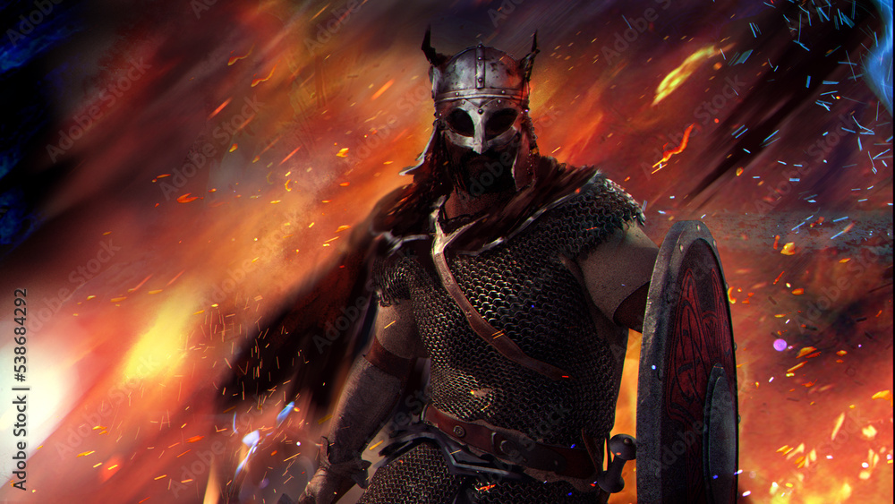 A Viking in a helmet with horns and chain mail armor holds a flaming sword and a round shield in his hand. he stands on the battlefield surrounded by flames, magical fireflies and sparks. 2D art A Viking in a helmet with horns and chain mail armor holds a flaming sword and a round shield in his hand. he stands on the battlefield surrounded by flames, magical fireflies and sparks. 2D art