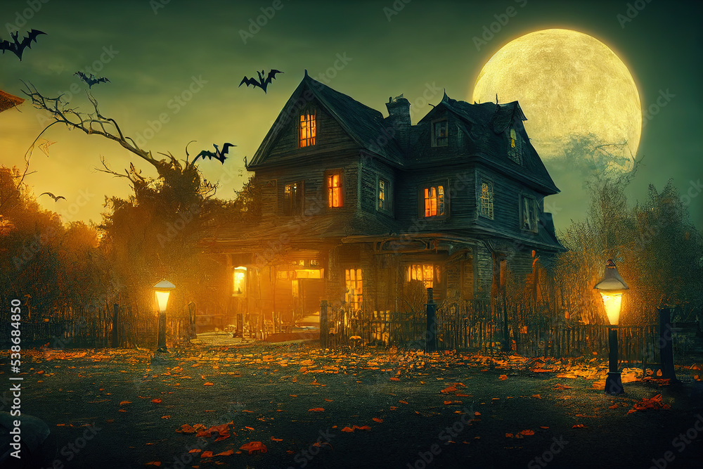 Halloween, pumpkins, moon, house, halloween background, illustration Halloween, pumpkins, moon, house, halloween background, illustration