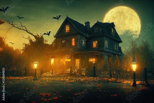 Halloween, pumpkins, moon, house, halloween background, illustration © vvalentine