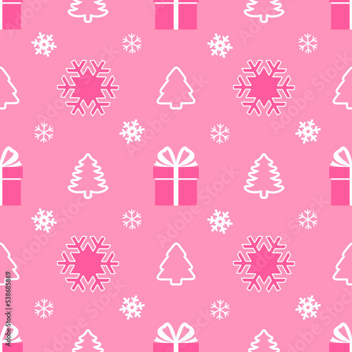 Holiday seamless pink pattern with snowflakes, presents and Christmas trees. Endless repeating pattern as wallpaper, fabric print, surface texture, package or gift paper for Christmas and New Year.