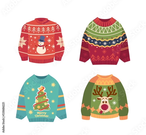 Set Of Cute Ugly Christmas Sweaters With Snowman, Deer And Xmas Tree. Blue, Red And Green Winter Jumpers Illustration