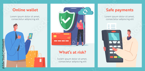 Characters Use Safe Contactless Payment Cartoon Banners. Buyers Hold Credit Cards for Paying with Smartphone