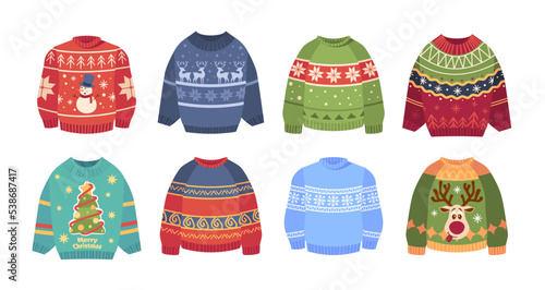 Set Of Knit Sweaters For Christmas Party. Cozy Warm Jumpers Collection With Snowman, Reindeer, Spruce And Snowflakes photo