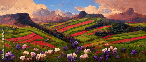 High mountain range, colorful cosmos and marigold flower fields meadow landscape far horizon - scenic spring season hills and vibrant lush valley. Digital pastel illustration.