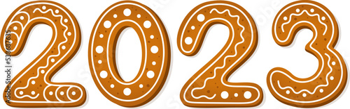 2023 text in gingerbread cookies style. Winter holiday theme. Cartoon New Year vector illustration on white background. 