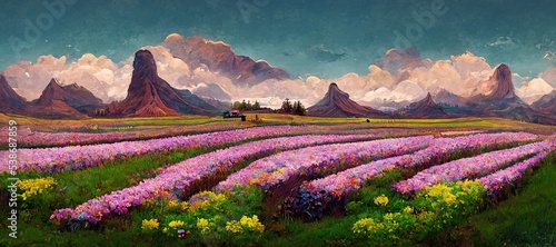 High mountain range, colorful cosmos and marigold flower fields meadow landscape far horizon - scenic spring season hills and vibrant lush valley. Digital pastel illustration. © SoulMyst