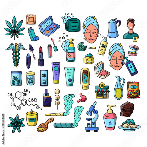 Vector hand drawn CBD infused products doodles. Cannabis flower, skincare, makeup and edibles elements isolated photo