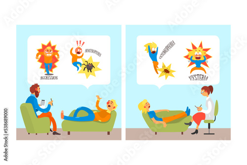 Different Fears and Phobia with Comic Man and Woman Afraid of Various Things Visiting Psychotherapist Vector Set