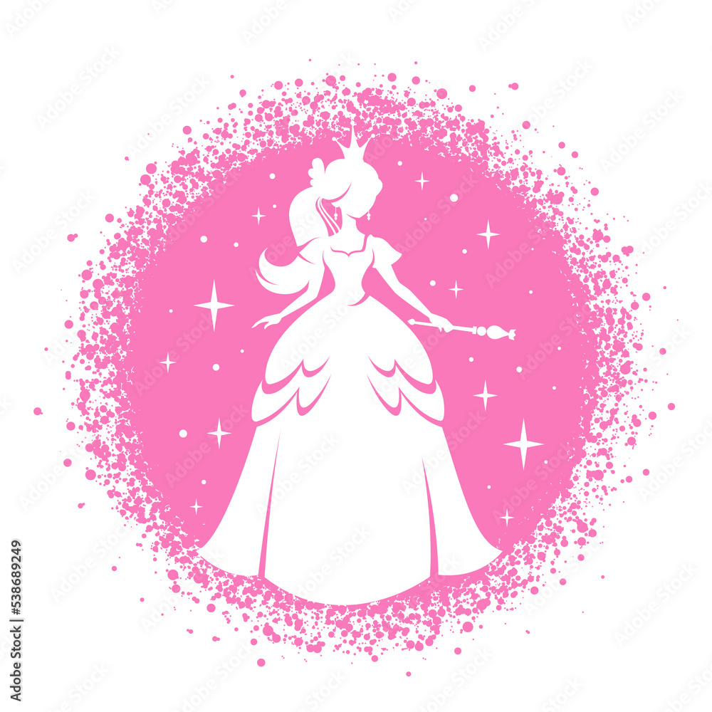 Princess silhouette standing in beautiful dress with magic wand. Pink circle frame with sparkles. Charming fairy tale girl. Cartoon vector art. Fantasy book design, child apparel print, nurcery Princess silhouette standing in beautiful dress with magic wand. Pink circle frame with sparkles. Charming fairy tale girl. Cartoon vector art. Fantasy book design, child apparel print, nurcery