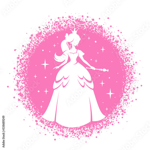 Princess silhouette standing in beautiful dress with magic wand. Pink circle frame with sparkles. Charming fairy tale girl. Cartoon vector art. Fantasy book design, child apparel print, nurcery