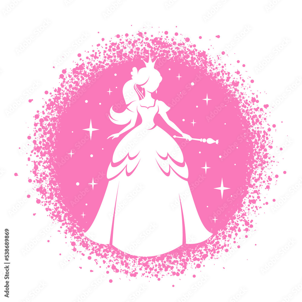 Princess silhouette in beautiful dress with magic wand on transparent background. Circle frame with pink dots and sparkles. Cartoon Charming fairy tale girl.