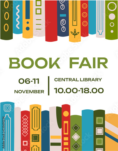 Book fair poster for advertising. Vertical poster for book fair with different books. Advertising template for bookstore,bookshop, library.