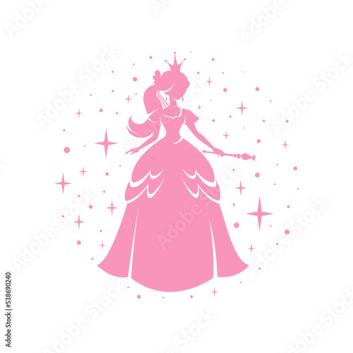 Princess silhouette in beautiful dress with magic wand. Circle frame with pink dots and sparkles. Charming fairy tale girl. Cartoon vector. Fantasy book design element, apparel print, nurcery.
