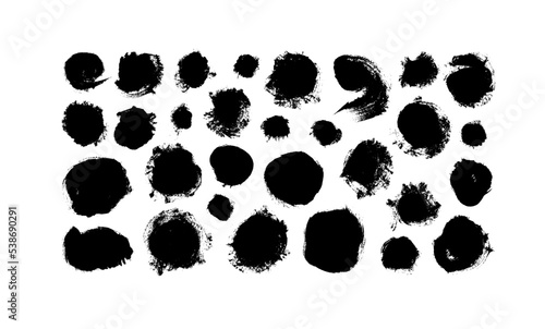 Bold round brush strokes collection. Round shapes, bold blobs, splots and circles with rough edges. Hand drawn vector ink illustration isolated on white background. Black grunge circles.