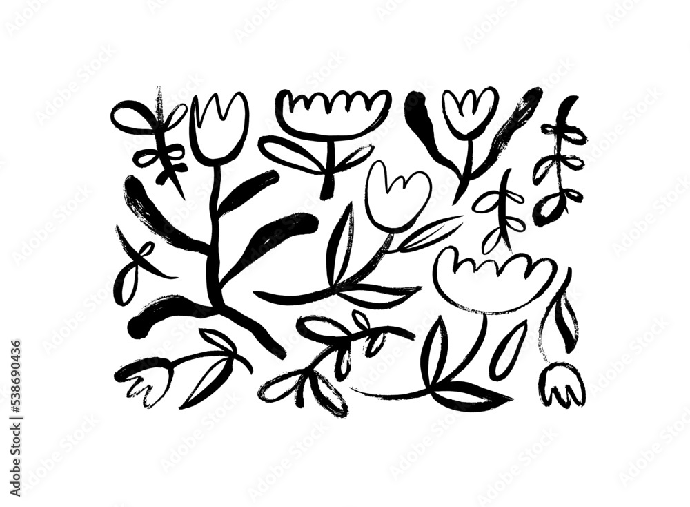 Fototapeta premium Abstract tulip stems brush drawn elements. Hand drawn vector botanical illustrations in naive style. Sketchy style simple wild flowers with curved stems. Black ink painted elements for design.