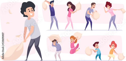 Pillow fighting. Characters playing with pillows jumping and fighting on bed peoples friendship funny activity exact vector illustrations