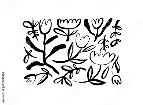 Abstract tulip stems brush drawn elements. Hand drawn vector botanical illustrations in naive style. Sketchy style simple wild flowers with curved stems. Black ink painted elements for design.