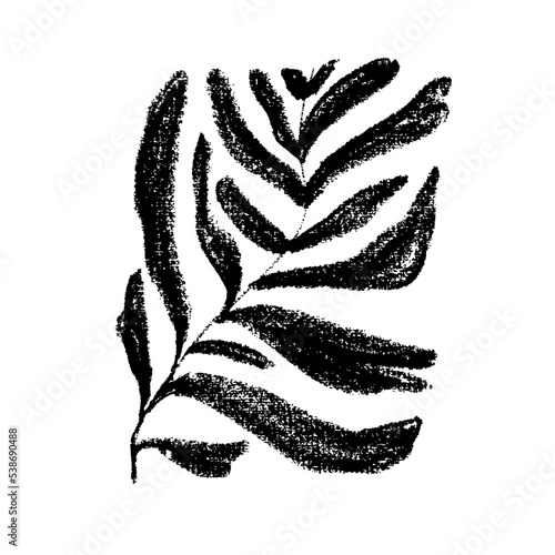 Vector organic abstract background with geometric shape leaf. Contemporary minimalist organic shape in Matisse or naive style. Modern abstract illustration with charcoal and pencil texture. 