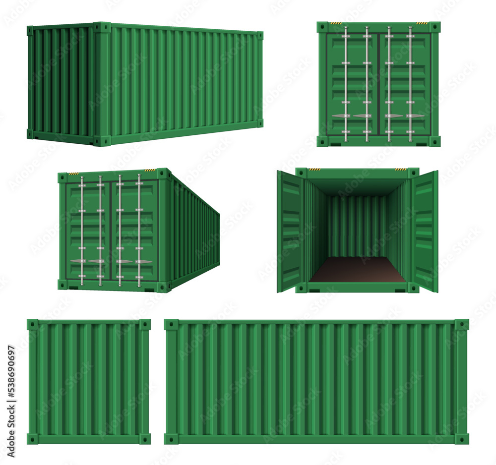 Steel containers. Realistic cargo cage shipping steel containers decent vector template collection Steel containers. Realistic cargo cage shipping steel containers decent vector template collection