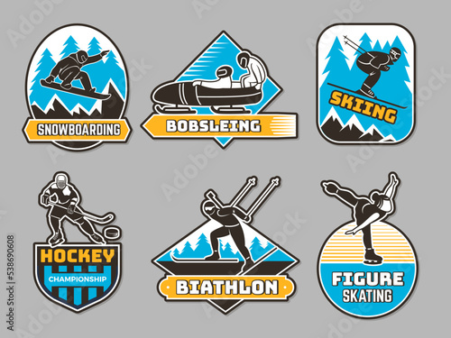 Winter sport badges. Winter fitness activity symbols and emblems ski snowboarding biathlon recent vector business identity templates