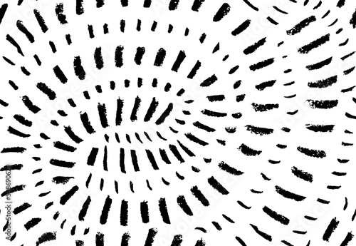 Radiating and concentric lines seamless pattern. Brush drawn small dashes in circle shape. Black vector dots in circle form. Abstract geometric doodle background. Spirals background. 