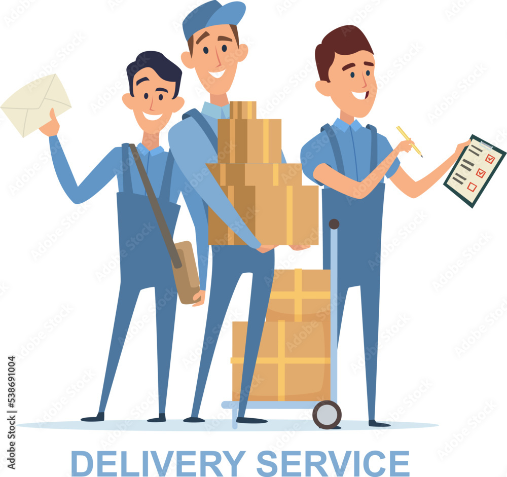 Delivery service. male characters standing with post boxes for delivering. vector cartoon people