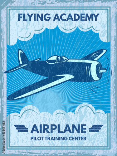 Flying academy poster. invitation to airplane school. vector placard template