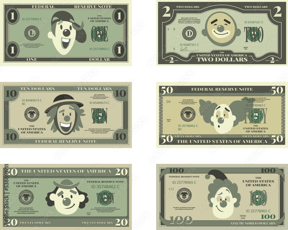 Money template. print design of money with funny clown faces. vector pictures