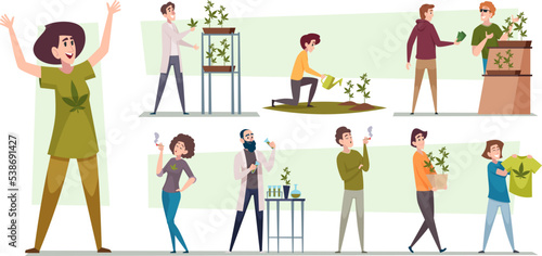 Grow cannabis. Characters smoking growing baking and protest from drugs and cannabis exact vector illustrations