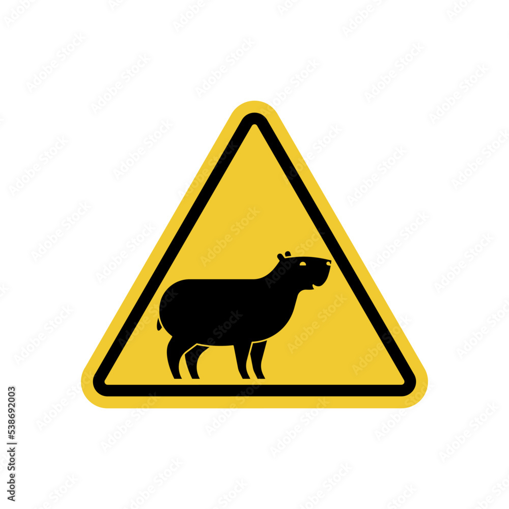 Attention Capybara. Caution guinea pig. Yellow Danger road sign. Attention Capybara. Caution guinea pig. Yellow Danger road sign.