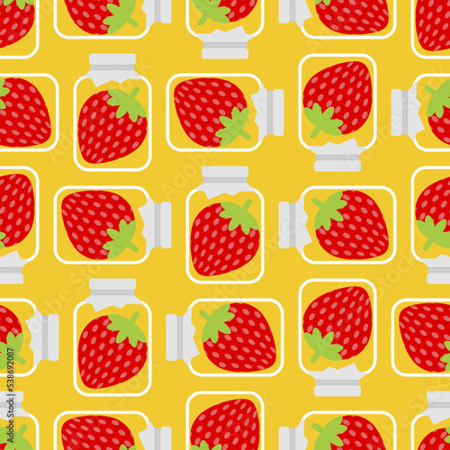 Jar with strawberry jam Pattern seamless. Vector texture