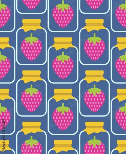 Jar with strawberry jam Pattern seamless. Vector texture