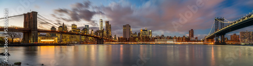 Brooklyn bridge and Manhattan bridge after sunset, New York City
