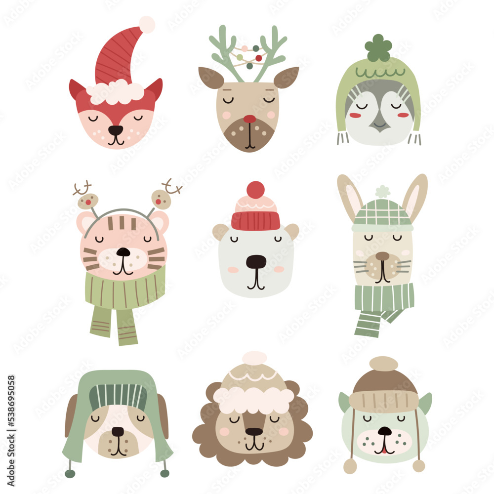 Set of cute baby animal faces wearing hats. Vector illustration. Set of cute baby animal faces wearing hats. Vector illustration.