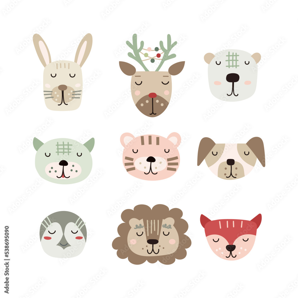 Set of cute baby animal faces. Vector illustration.
