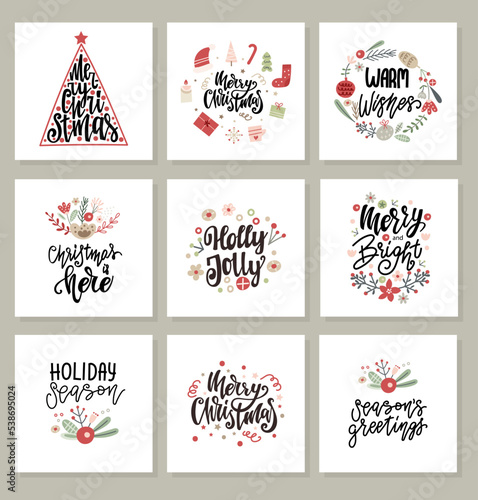 Set of Christmas Greeting Cards with lettering quotes and ornaments. Vector illustration.
