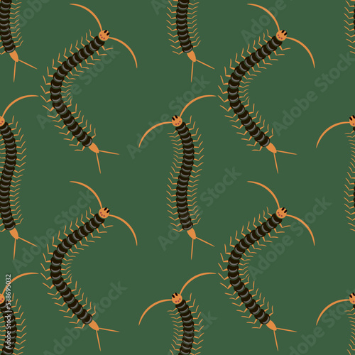 Black Cartoon Scolopendra Isolated on Green Background. Giant Sentipede Animal Icon Seamless Pattern.