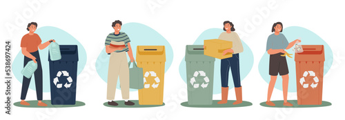 Set of cute funny people putting garbage in trash cans, waste bins or containers. Set of happy men and women collecting.