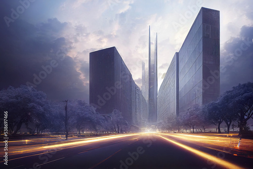 futuristic city skyline, skyscrapers, blossoming sakura cherry trees, concept art illustration