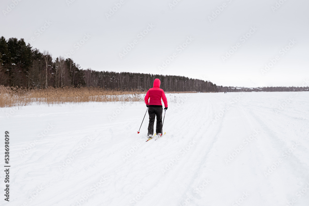 Female person exercising cross-country skiing on the frozen lake ice sheet in winter day.Active people outdoors. Scenic peaceful Finnish landscape