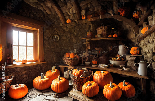 Happy thanksgiving, happy halloween Cozy rustic wooden log cabin house interior autumn harvest, pumpkins, warm lights